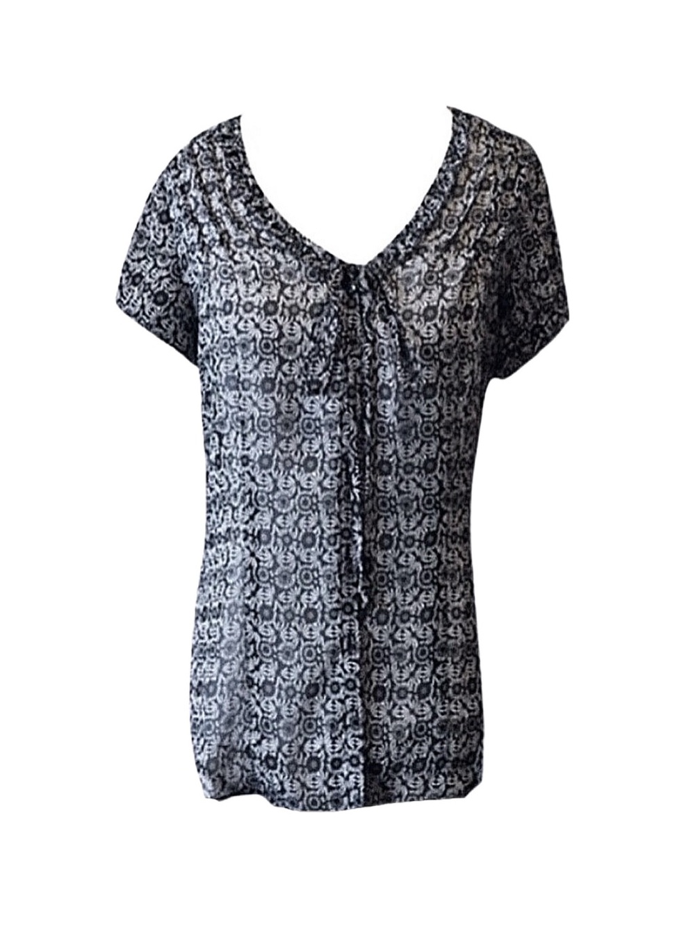 ANN TAYLOR Loft Open Front Short Sleeve Top Black And White Floral Design